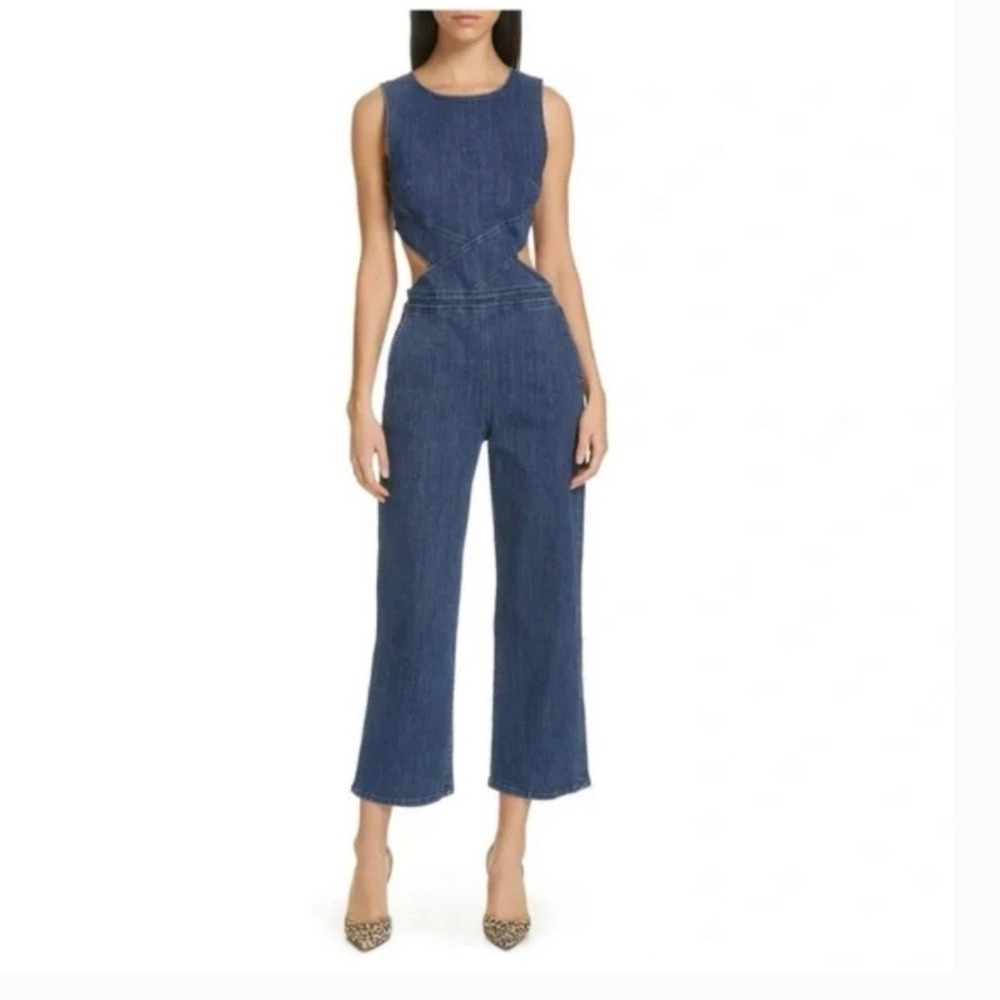 3x1 NYC Denim Cutout Jumpsuit Small Slim Fit Dark Wash Blue Sleeveless Wide Leg